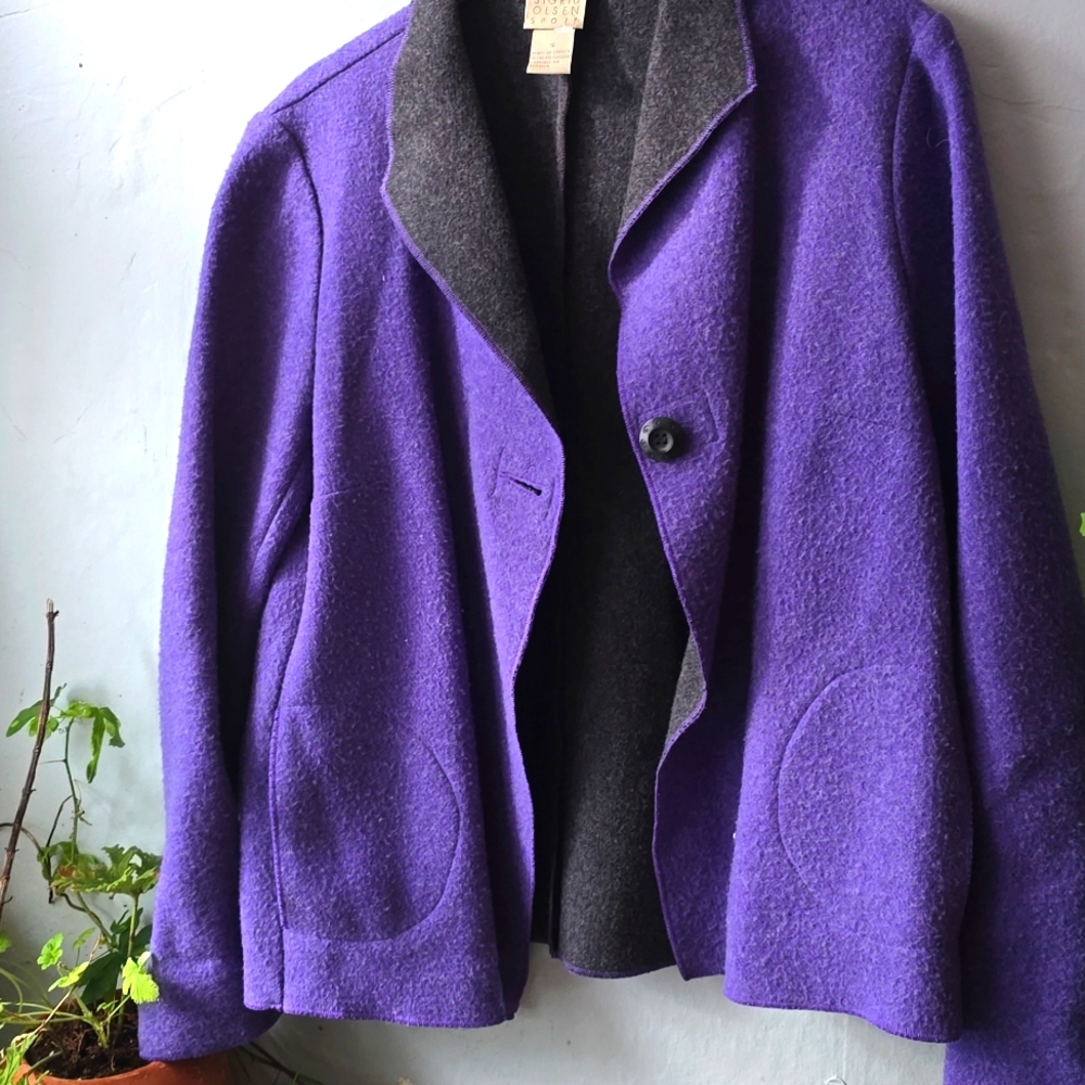 Sigrid Olsen Wool Blend Modern Folk Sweater Jacket Purple / Charcoal NWOT Sz S